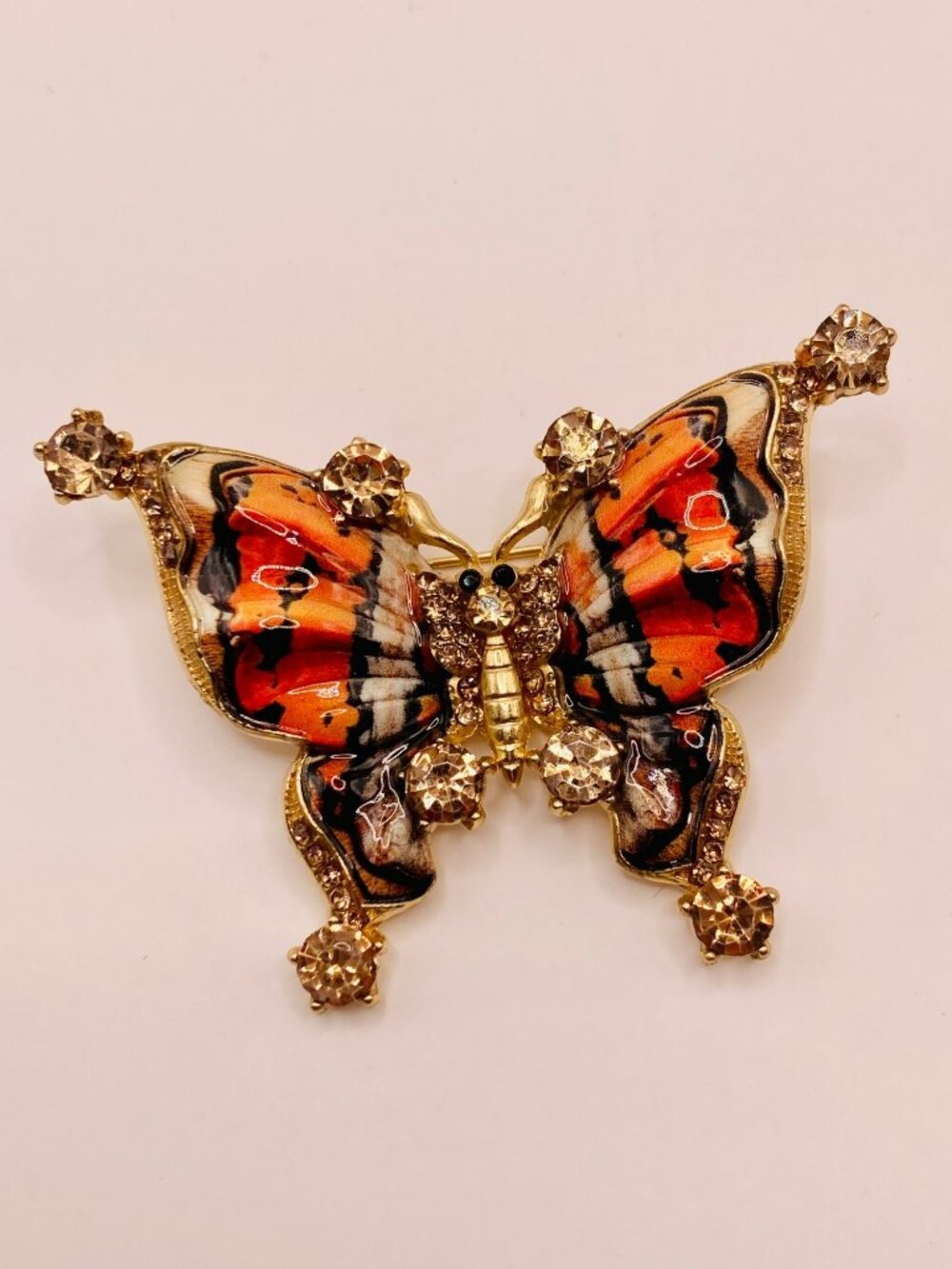 Butterfly Gold-Tone Rhinestone Brooch Vibrant Orange & Black Enamel Wings -47B